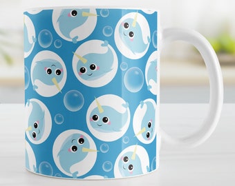 Blue Narwhal Mug, Cute Animal Gift, Ceramic Coffee Cup, Individual or Discounted Set, 11oz or 15oz