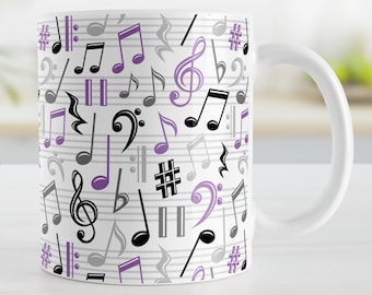 Purple Music Notes Pattern Mug – Music Themed Coffee Cup – Gift for Musicians, Music Teachers, or Purple Lovers – Available in 11oz or 15oz