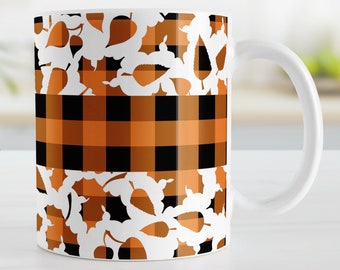Orange Buffalo Plaid Leaves Fall Mug, rustic orange and black autumn pattern - 11oz or 15oz ceramic coffee mug or mug set available