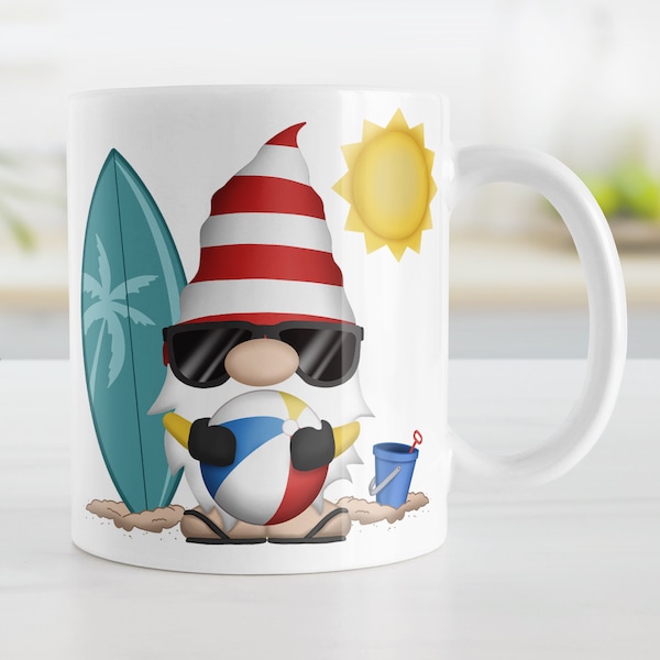 Summer Beach Gnome Mug, cute gnome with surfboard beach ball sun bucket and sand - 11oz or 15oz ceramic coffee mug or mug set available