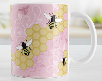 Pink Honeycomb Bee Mug, golden yellow pink flourish - 11oz or 15oz ceramic coffee mug or mug set available