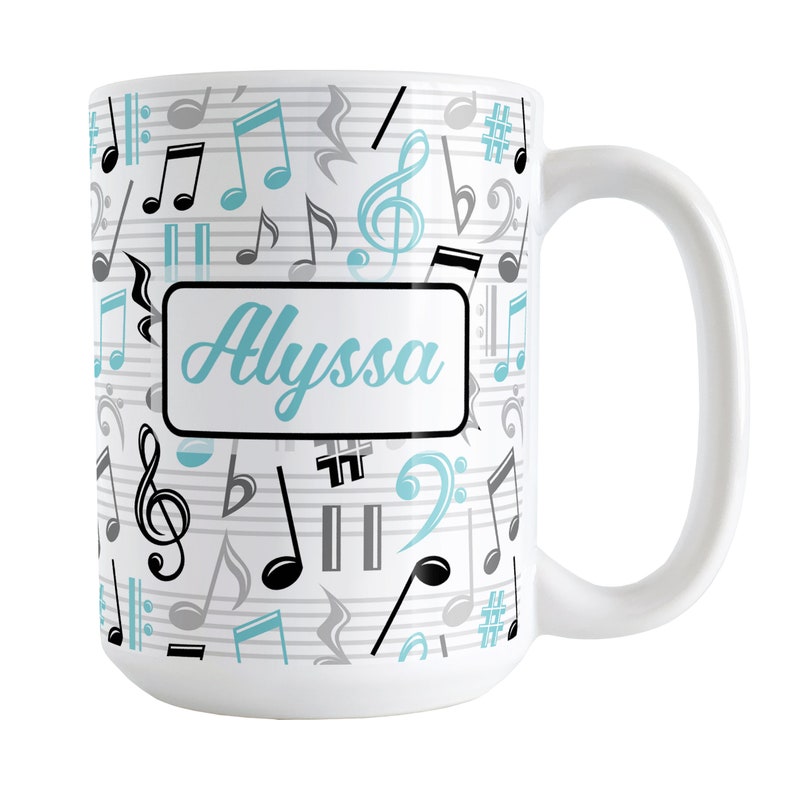 Personalized Turquoise Music Notes Mug, Custom Name Gift for Musicians ...