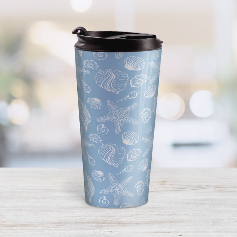 white seashell pattern on blue Blue Beach Travel Mug 15oz stainless steel travel mug