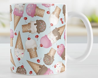 Ice Cream Cones Pattern Mug, Creamery Summer Gift, Ceramic Coffee Cup, Individual or Discounted Set, 11oz or 15oz