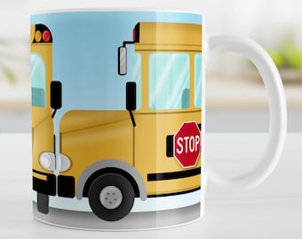 Yellow School Bus Mug, wraparound, back to school, teacher gift, bus driver gift - 11oz or 15oz ceramic coffee mug or mug set available