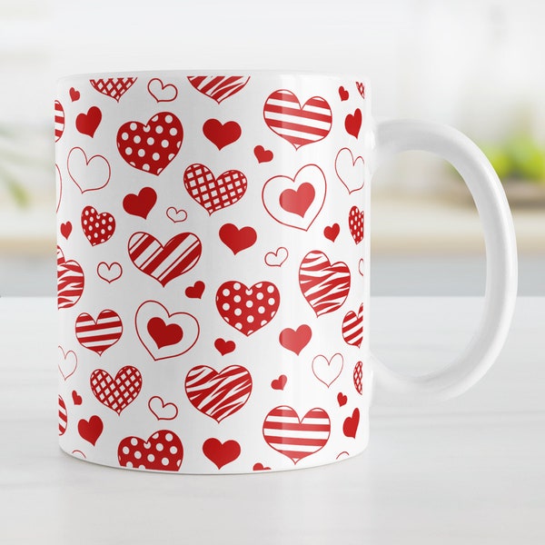 Red Heart Doodles Mug, cute hearts drawing, Valentine's Day, love gift - 11oz or 15oz ceramic coffee mug or mug set available