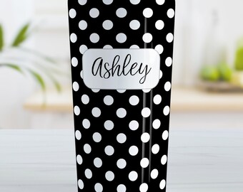 Personalized Black Polka Dot Tumbler Cup – Insulated Stainless Drink Cup – Custom Name Gift – Available in 10oz or 20oz Sizes