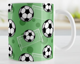 Green Soccer Mug, sports pattern, soccer gift for him - 11oz or 15oz ceramic coffee mug or mug set available