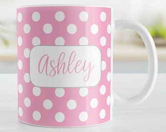 Personalized Polka Dot Mug, pink - 11oz or 15oz ceramic coffee mug or mug set available