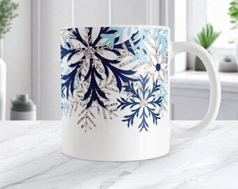 Navy Blue Silver-Design Snowflake Mug, Winter Gift, Ceramic Coffee Cup, Individual or Discounted Set, 11oz or 15oz