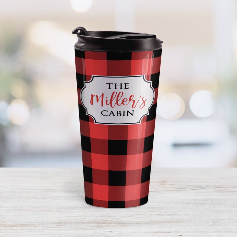 red and black plaid travel mug