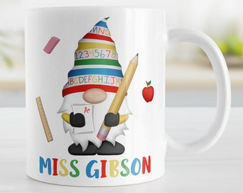 Personalized School Teacher Gnome Mug, kindergarten preschool teacher gift - 11oz or 15oz ceramic coffee mug or mug set available