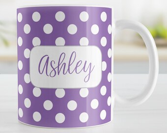 Personalized Purple Polka Dot Mug – Custom Name Polka Dot Coffee Cup – Cute Purple Mug Gift – Dishwasher Safe – 11oz or 15oz