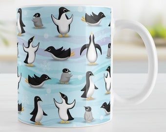 Penguin Mug, cute fun penguin parade antarctic design - 11oz or 15oz ceramic coffee mug or mug set available