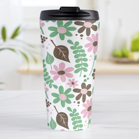 Pink Green Brown Floral Travel Mug, pretty flower pattern - 15oz stainless  steel travel mug