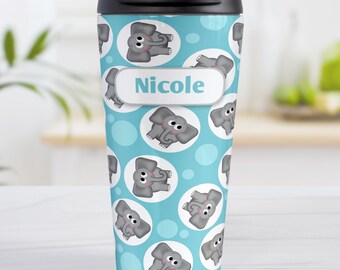 Personalized Elephant Travel Mug, turquoise cute pattern - 15oz stainless steel travel mug