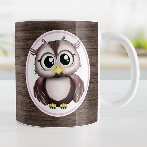Cute Owl Mug, rustic wood pink brown, owl gift - 11oz or 15oz ceramic coffee mug or mug set available