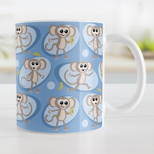 Cute Monkey Mug, blue pattern, monkey gift - 11oz or 15oz ceramic coffee mug or mug set available
