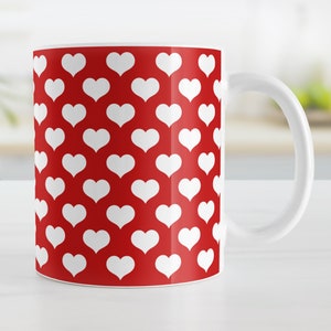 Red Hearts Mug, stylish cute white hearts over red, Valentine&#39;s Day gift - 11oz or 15oz ceramic coffee mug or mug set available