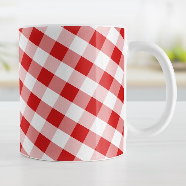 Red Gingham Mug, check pattern, country kitchen - 11oz or 15oz ceramic coffee mug or mug set available