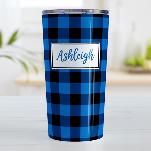 Personalized Buffalo Plaid Tumbler Cup, rustic blue black check - 10oz or 20oz insulated cup, iced coffee tumbler, hot or cold beverages