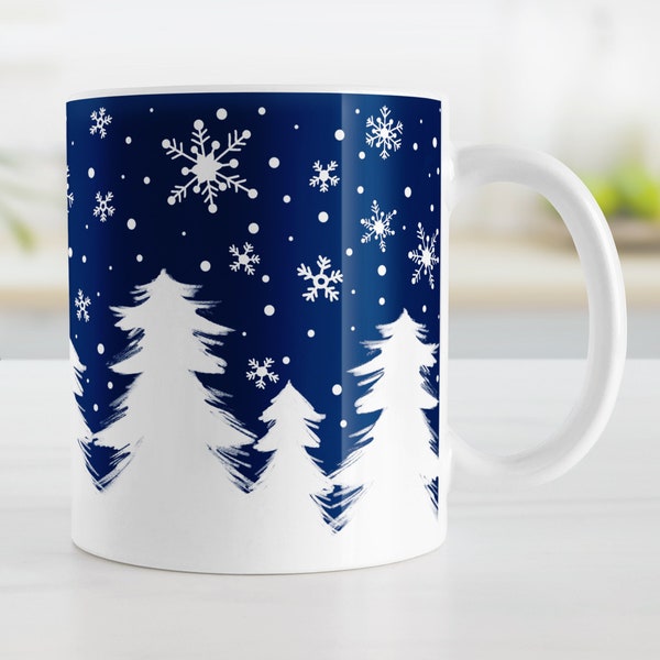 Winter Night Snow Mug, snowing sky with winter trees - 11oz or 15oz ceramic coffee mug or mug set available