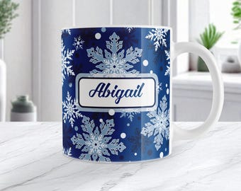Personalized Classic Blue Snowflake Mug, Winter Custom Name Gift, Ceramic Coffee Cup, 11oz or 15oz