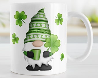 Lucky Clover Gnome Mug, green with 4-leaf clover, shamrock St Patrick's Day gift - 11oz or 15oz ceramic coffee mug or mug set available