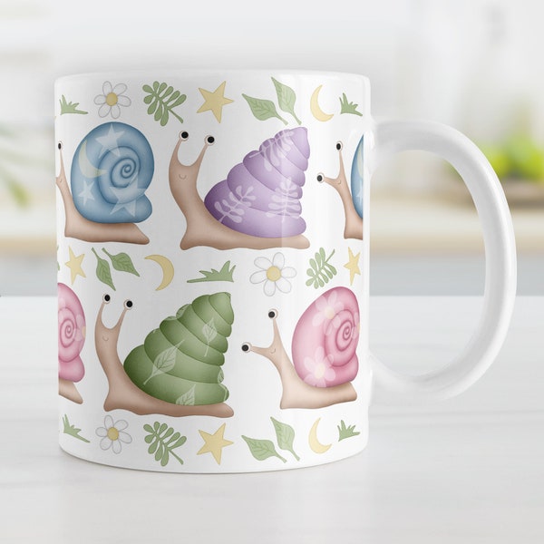 Cute Snails Mug, colorful pattern for spring and summer - 11oz or 15oz ceramic coffee mug or mug set available