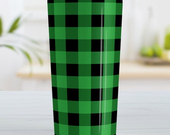 Green Buffalo Plaid Tumbler Cup, rustic green black check pattern - 10oz or 20oz insulated cup, iced coffee tumbler, hot or cold beverages