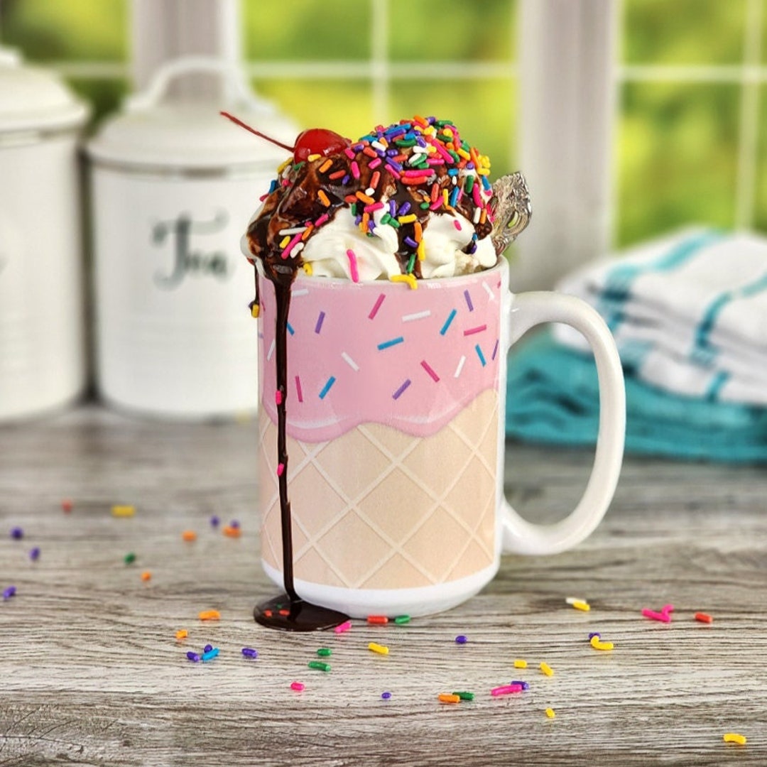 Ice Cream Mug, Waffle Cone Pink Strawberry Ice Cream With Sprinkles Design  11oz or 15oz Ceramic Coffee Mug or Mug Set Available 