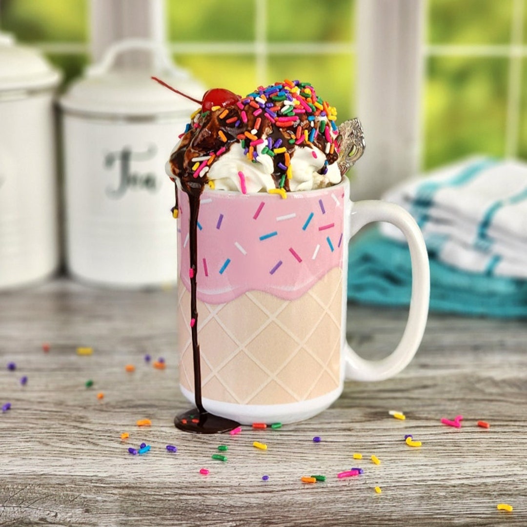 Ice Cream Mug, Waffle Cone Pink Strawberry Ice Cream With Sprinkles