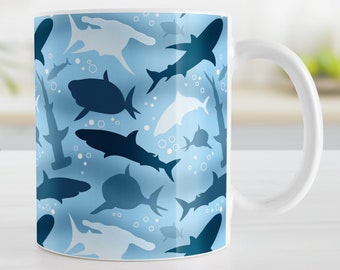 Blue Sharks Coffee Mug, Underwater Frenzy Design, Everyday Gift for Ocean Animal Lovers, Individual or Discounted Set, 11oz or 15oz