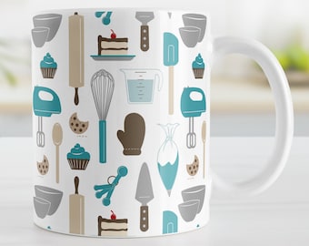 Turquoise Baking Pattern Mug – Coffee Cup with Whisks, Mixers, and Sweet Treats – Gift for Bakers, Moms, or Kitchen Lovers – 11oz or 15oz