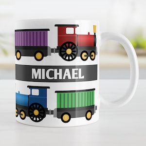 Personalized Train Mug, Colorful Locomotive Design, Custom Name Gift for Him, 11oz or 15oz Ceramic Coffee Cup
