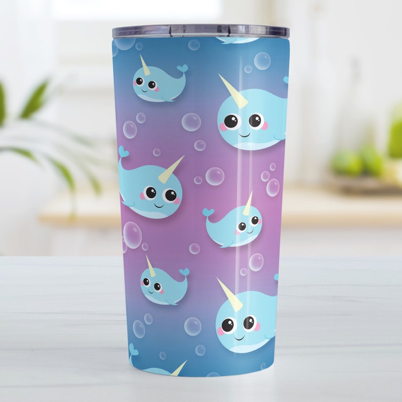 Cute Narwhal Tumbler Cup, happy narwhal bubbles pattern purple blue 10oz or 20oz insulated cup, iced coffee tumbler, hot or cold beverages 20 Fluid ounces