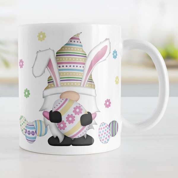 Easter Eggs Bunny Gnome Mug, cute Easter mug for spring - 11oz or 15oz ceramic coffee mug or mug set available