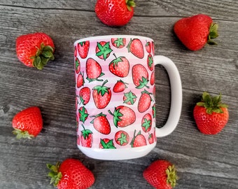 Strawberries Mug, pink stripes red green strawberry pattern, spring summer fruit mug - 11oz or 15oz ceramic coffee mug or mug set available