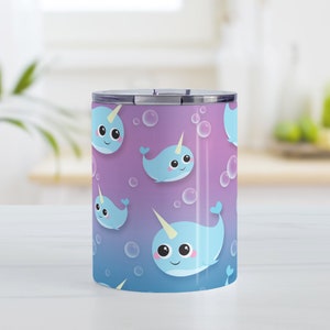 Cute Narwhal Tumbler Cup, happy narwhal bubbles pattern purple blue 10oz or 20oz insulated cup, iced coffee tumbler, hot or cold beverages 10 Fluid ounces