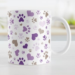 Purple Brown Paw Prints Mug, cute dog mug with hearts and paw prints, dog gift - 11oz or 15oz ceramic coffee mug or mug set available