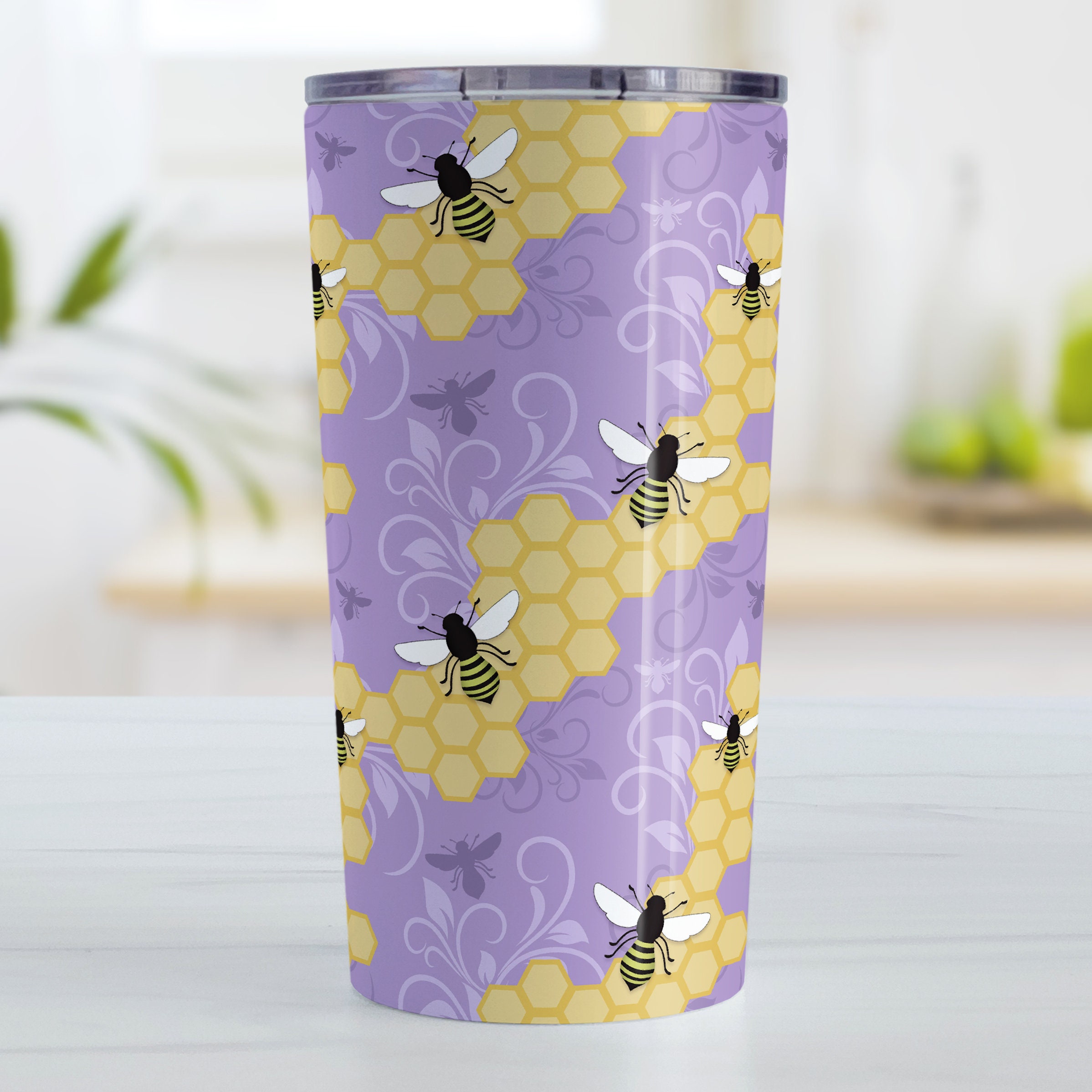 hot or cold beverage pretty colorful flowers bees honeycomb Purple Floral Bee Tumbler Cup 10oz or 20oz insulated cup iced coffee tumbler