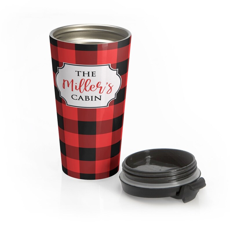 red and black plaid travel mug