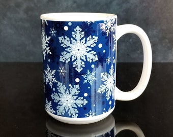 Winter Blue Snowflake Mug, Snowy Wintry Theme Gift, Ceramic Coffee Cup, Individual or Discounted Set, 11oz or 15oz
