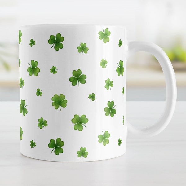 Shamrocks and Clovers Mug, dainty minimalist green pattern, St Patrick's Day gift - 11oz or 15oz ceramic coffee mug or mug set available