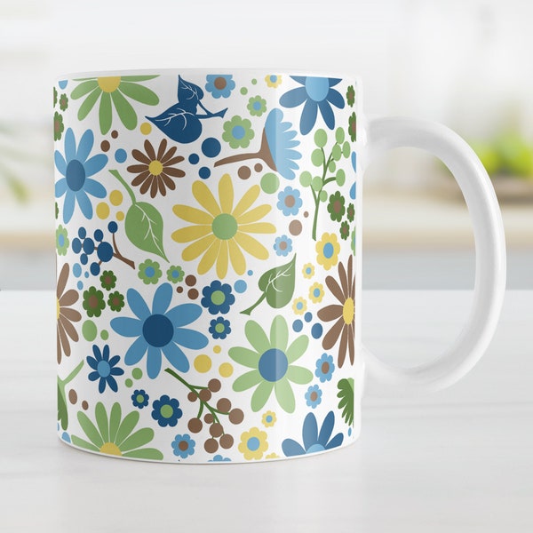 Sunny Summer Flowers Mug, pretty floral wildflowers, yellow blue green brown - 11oz or 15oz ceramic coffee mug or mug set available