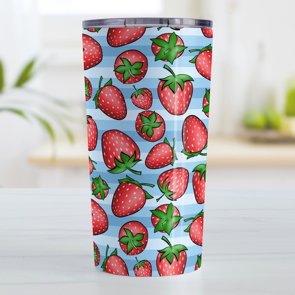 Strawberry Tumbler Cup, blue stripe red strawberries, summer fruit - 10oz or 20oz insulated cup, iced coffee tumbler, hot or cold beverages