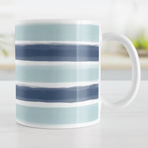 Coastal Blue Stripes Mug, Nautical Coffee Cup with Horizontal Painted Blue Lines, Gift for Beach House or Coastal Decor Fans – 11oz or 15oz
