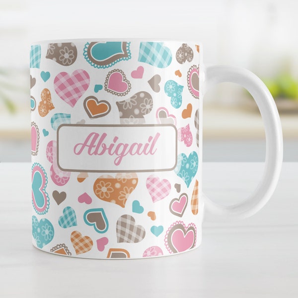 Personalized Cutesy Hearts Mug, cute pink turquoise orange brown, Valentine's Day - 11oz or 15oz ceramic coffee mug or mug set available