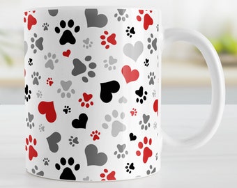 Black Red Paw Prints Mug, cute dog mug with hearts and paw prints - 11oz or 15oz ceramic coffee mug or mug set available