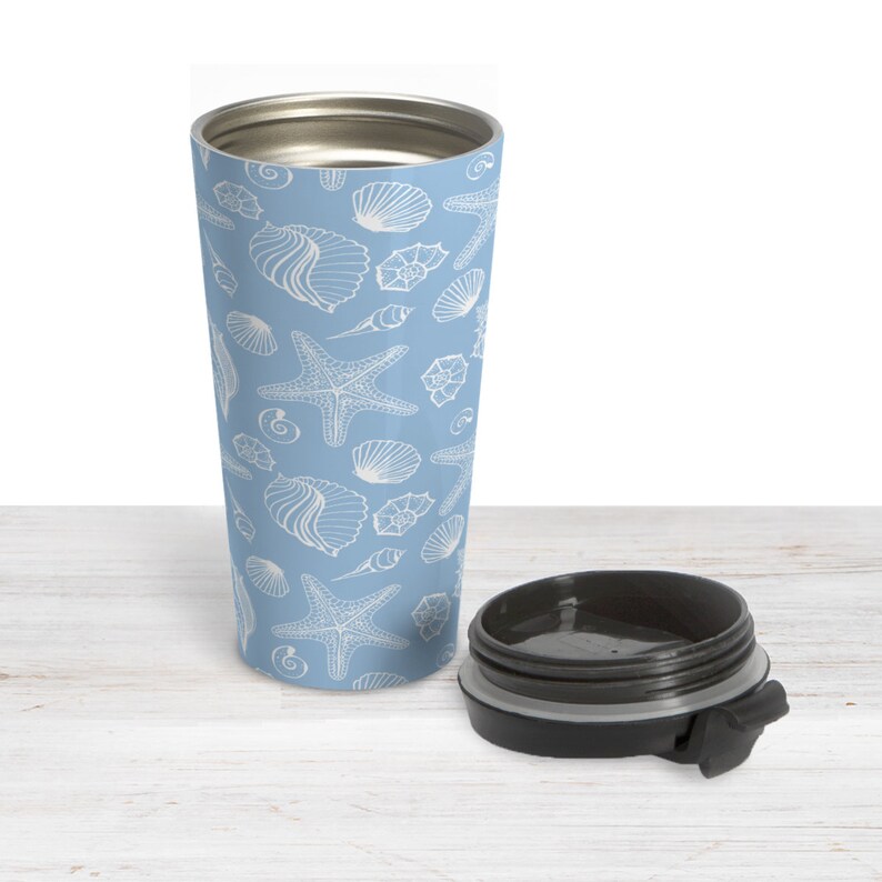 white seashell pattern on blue Blue Beach Travel Mug 15oz stainless steel travel mug